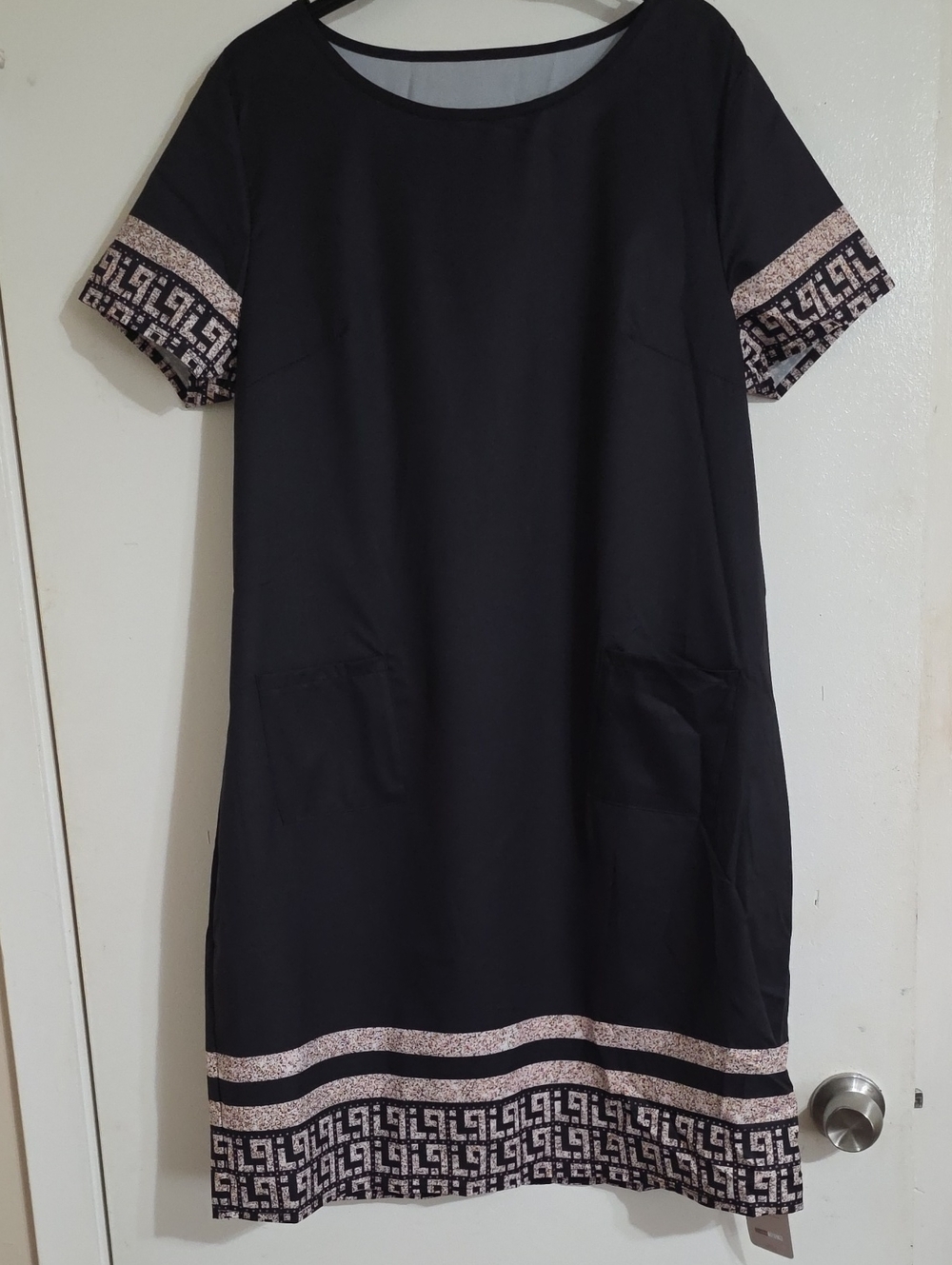 Black Midi Shift Dress with Geometric Accent Trim